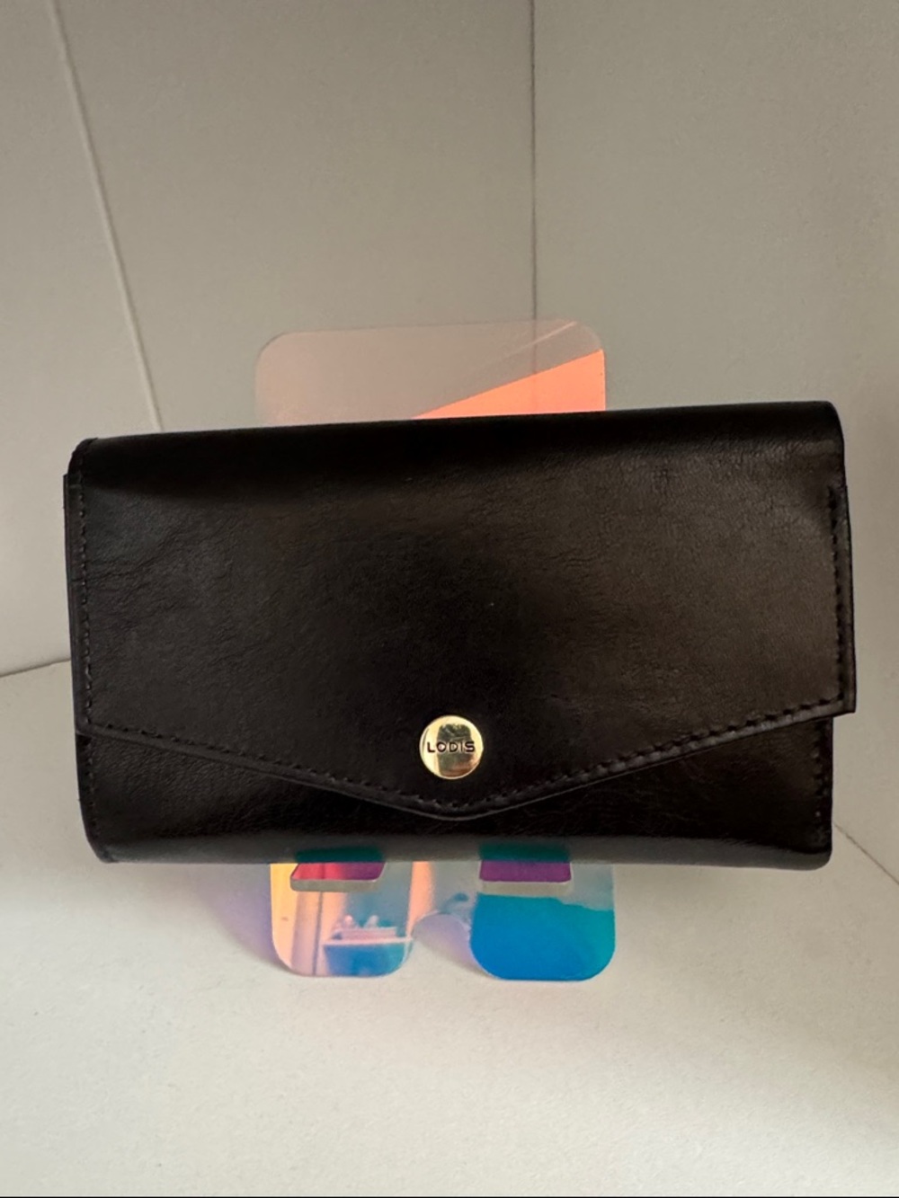 Lodis Black Leather Envelope Clutch Wallet with Gold Snap